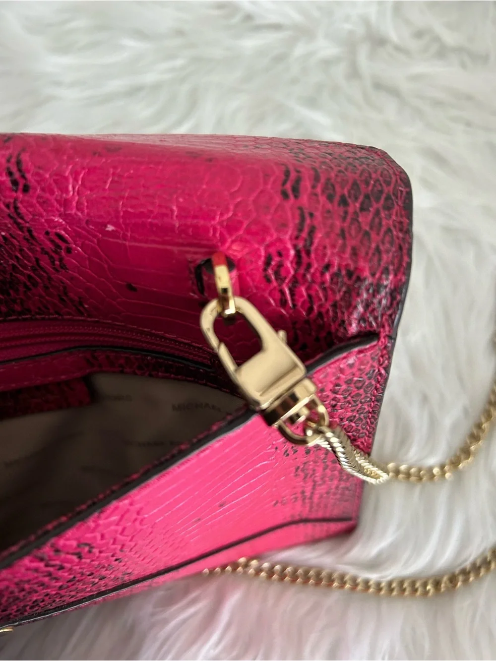 Michael Kors Pink Python Embossed Leather Envelope Crossbody Clutch Chain Bag